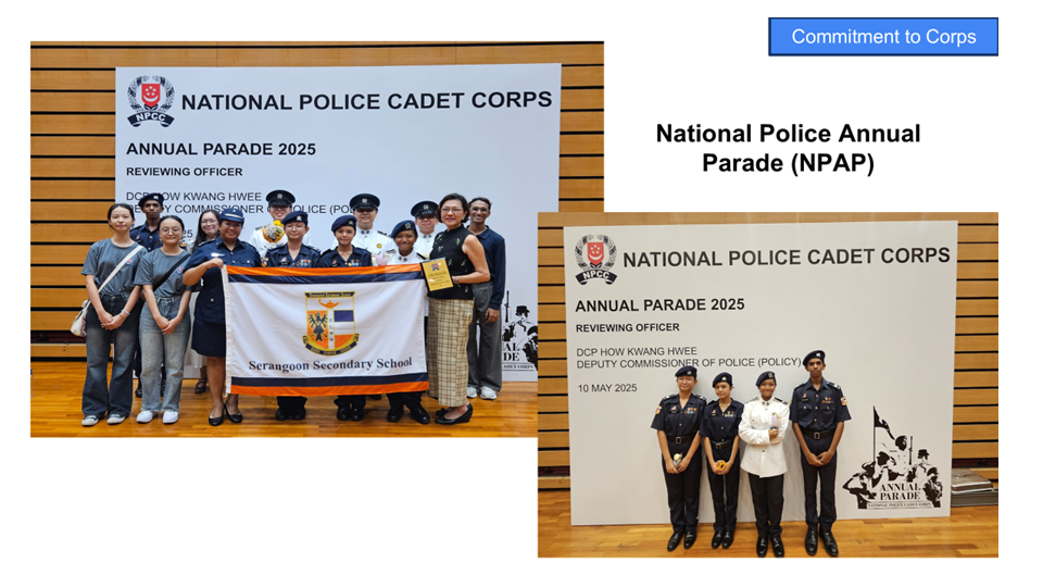 Groups of uniformed cadets and civilians pose at the National Police Cadet Corps Annual Parade 2025 backdrop.