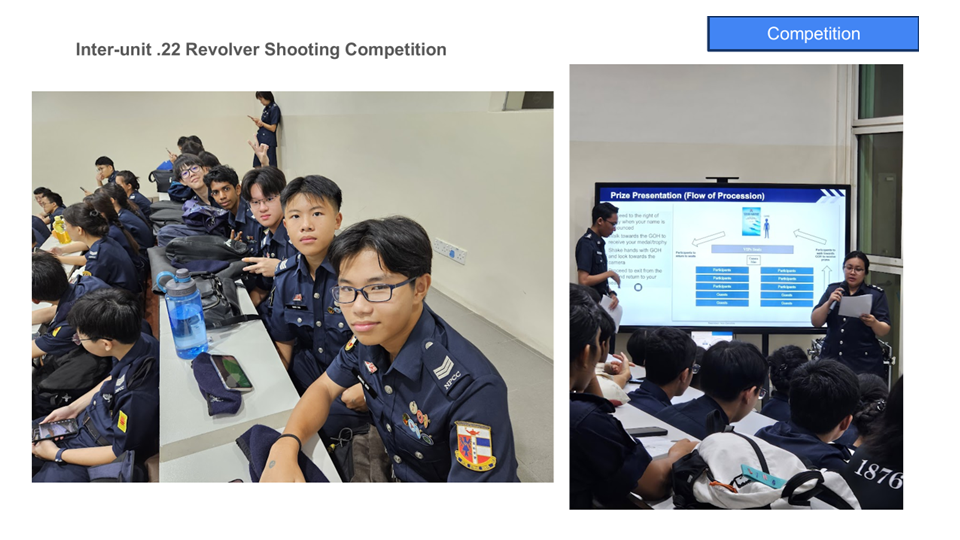 Students in dark blue uniforms attend a briefing, with one photo showing a presenter beside a prize presentation slide.