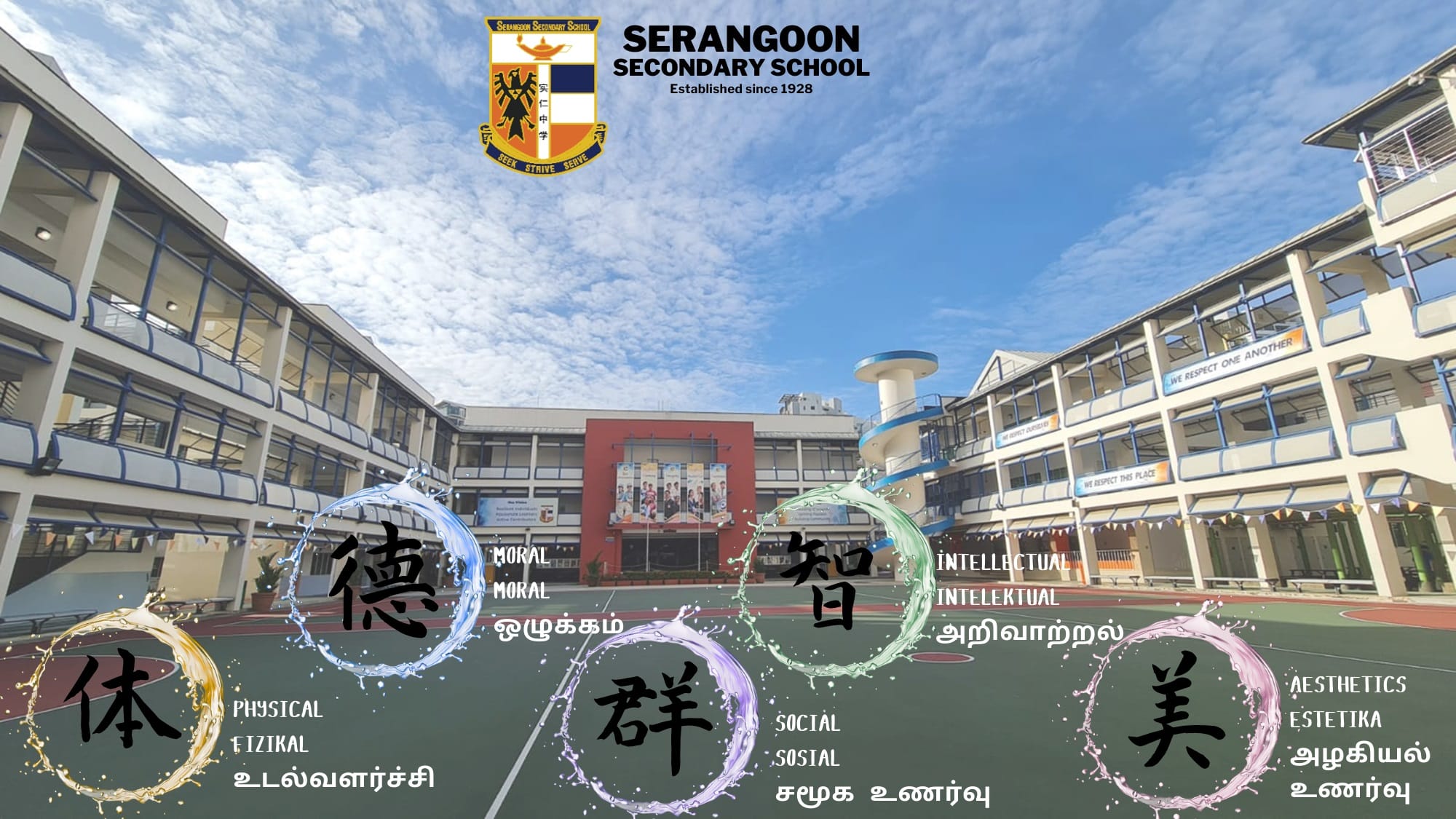 Serangoon Secondary School courtyard with multilingual text showing five school values: moral, intellectual, social, physical, aesthetics.
