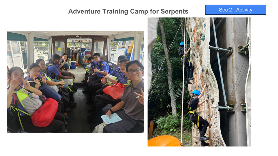 Students in uniform sit on a boat, while others climb a rock wall outdoors at an Adventure Training Camp.