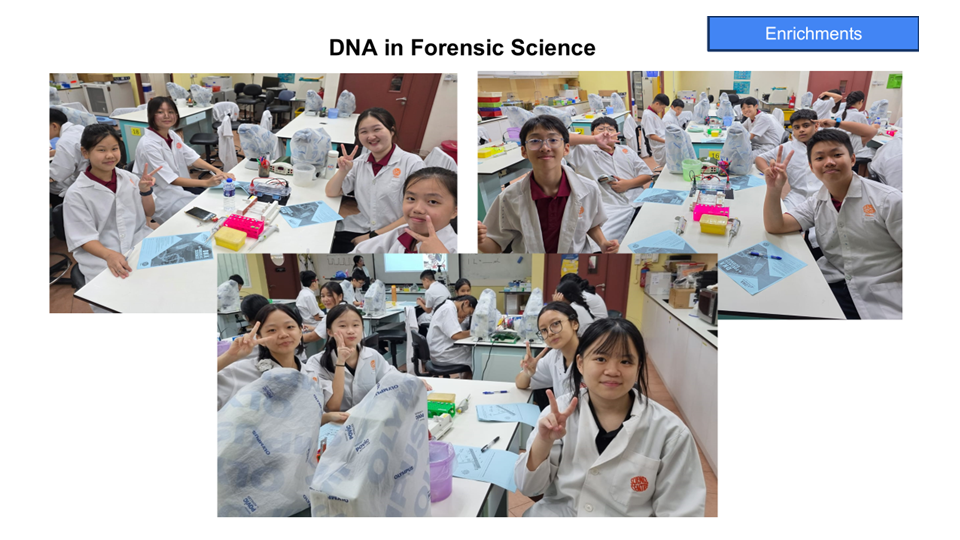 Students in white lab coats pose with peace signs during a DNA in Forensic Science enrichment activity.