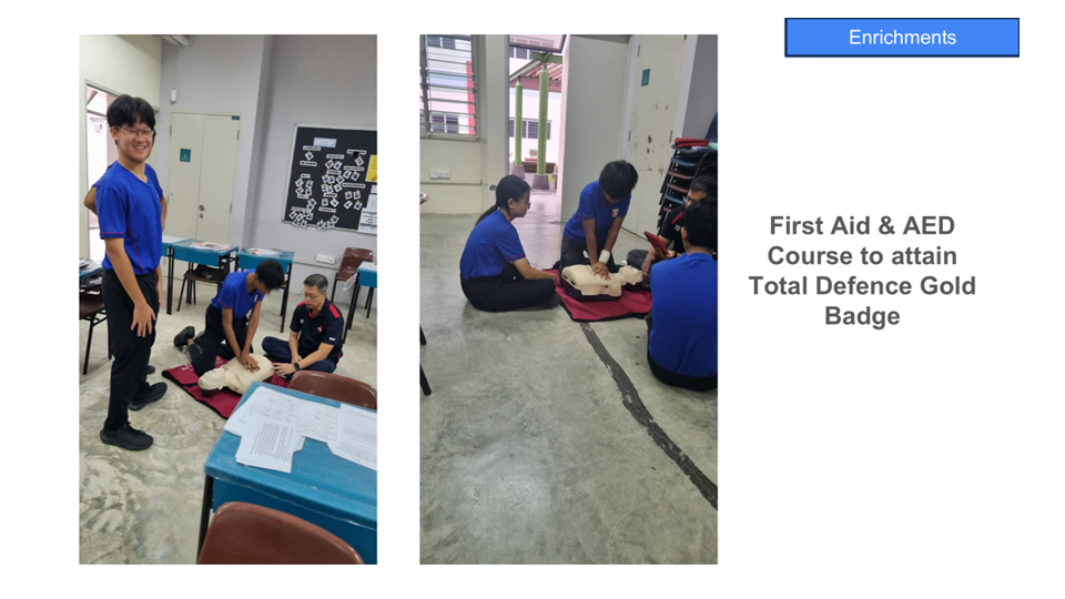Students in blue shirts practice CPR on mannequins during a First Aid and AED course for Total Defence Gold Badge.