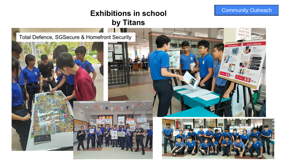 Students in blue uniforms presenting school exhibitions on Total Defence, SGSecure, and Homefront Security topics.