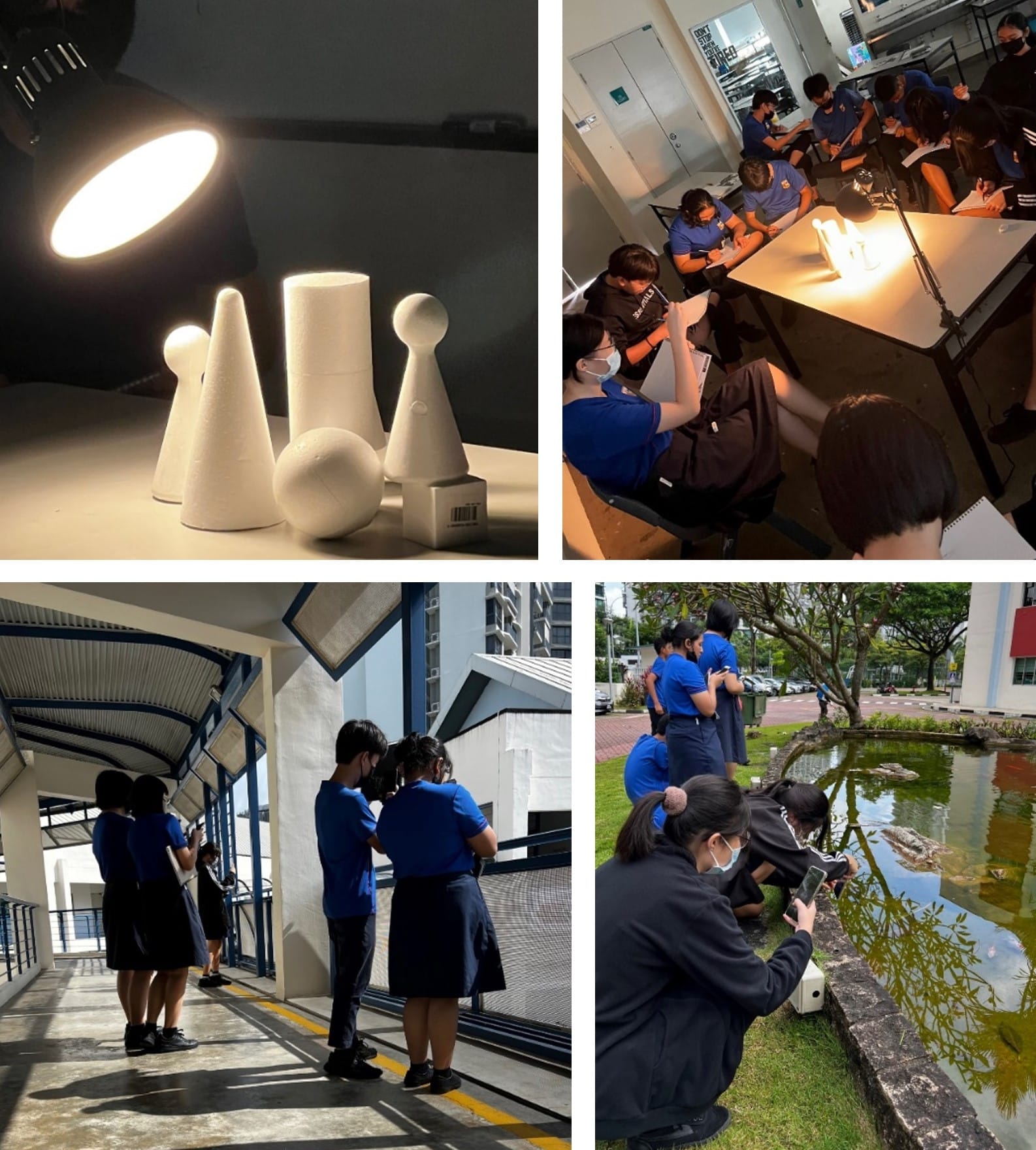 Four scenes showing students in blue uniforms drawing shapes under a lamp, working indoors, and exploring outdoors near a pond.