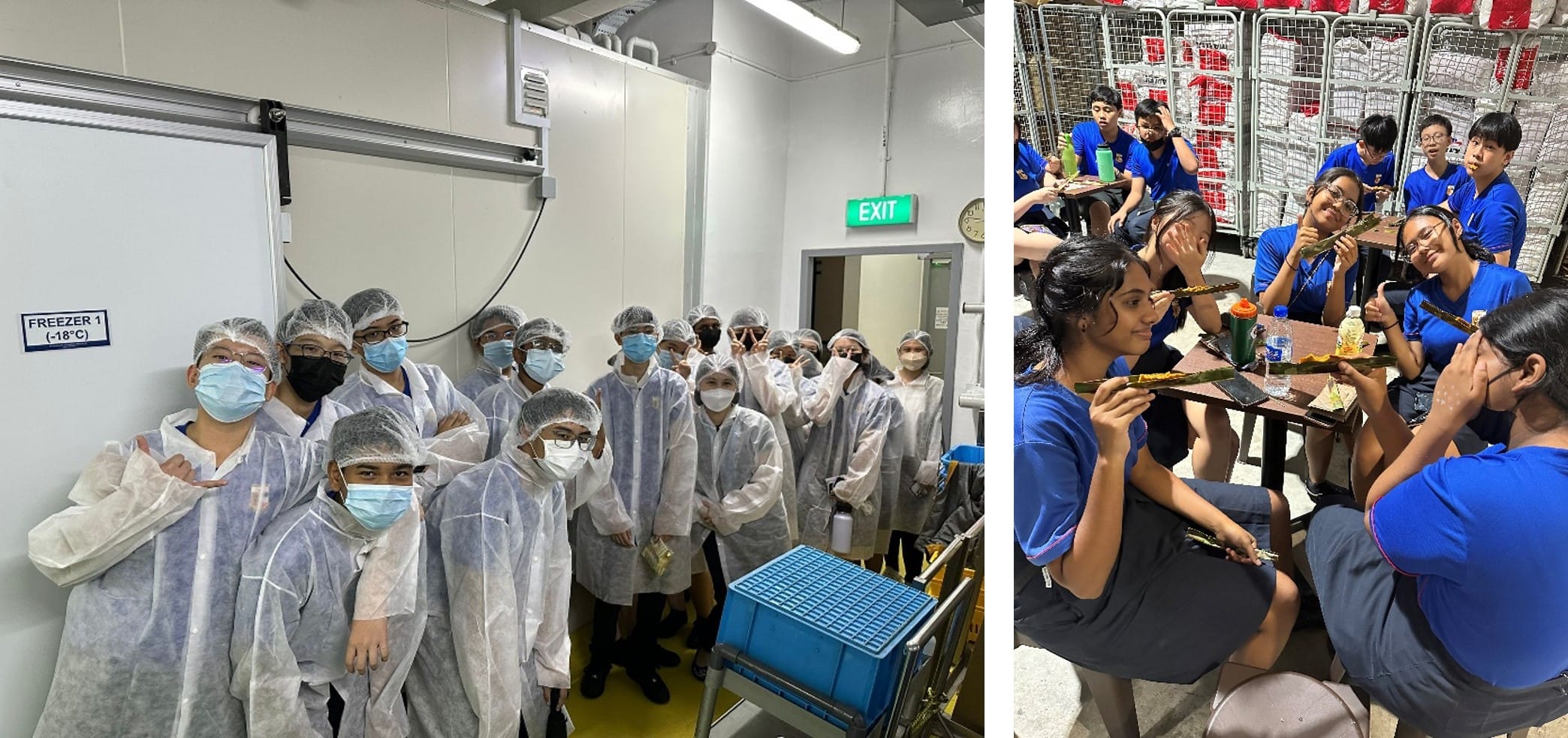 Students in white protective gowns and masks pose near a freezer room, while others in blue uniforms eat at tables.