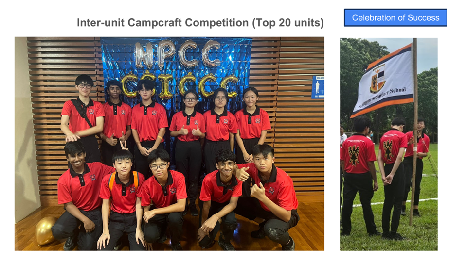 Students in red uniforms pose before NPCC balloons; beside it, students hold a school flag outdoors.