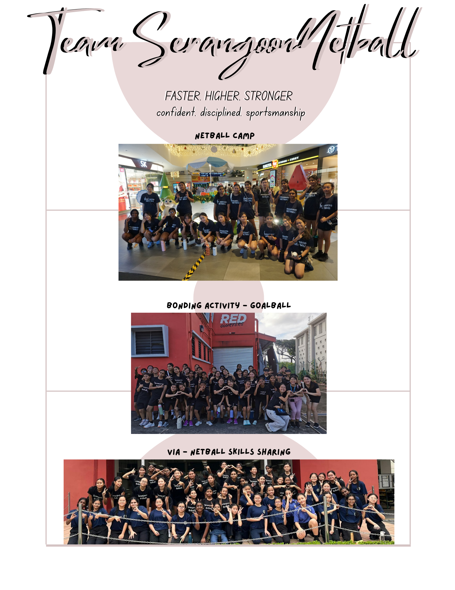 Team Serangoon Netball poster showing three group photos from a camp, goalball activity, and skills sharing event.