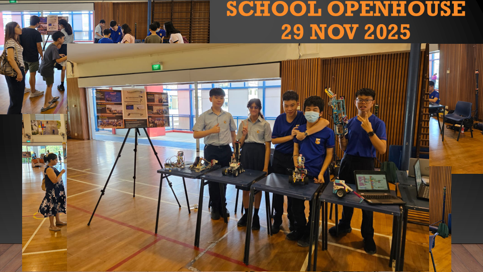 Students display robots at a School Open House on 29 Nov 2025 inside a gymnasium hall.