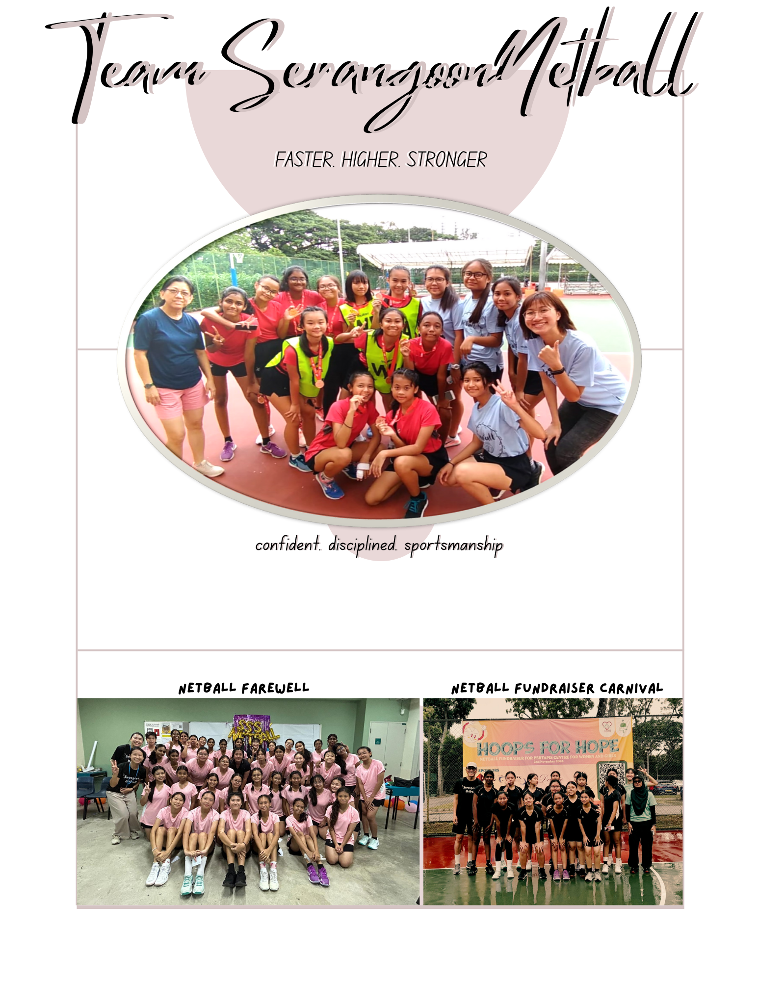 Team Serangoon Netball poster with three group photos of young female players at training, farewell, and a fundraiser carnival.