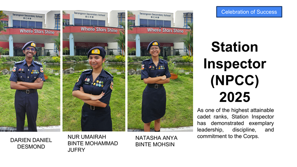 Three NPCC cadets in uniform outside Serangoon Secondary School, recognized as Station Inspectors 2025.