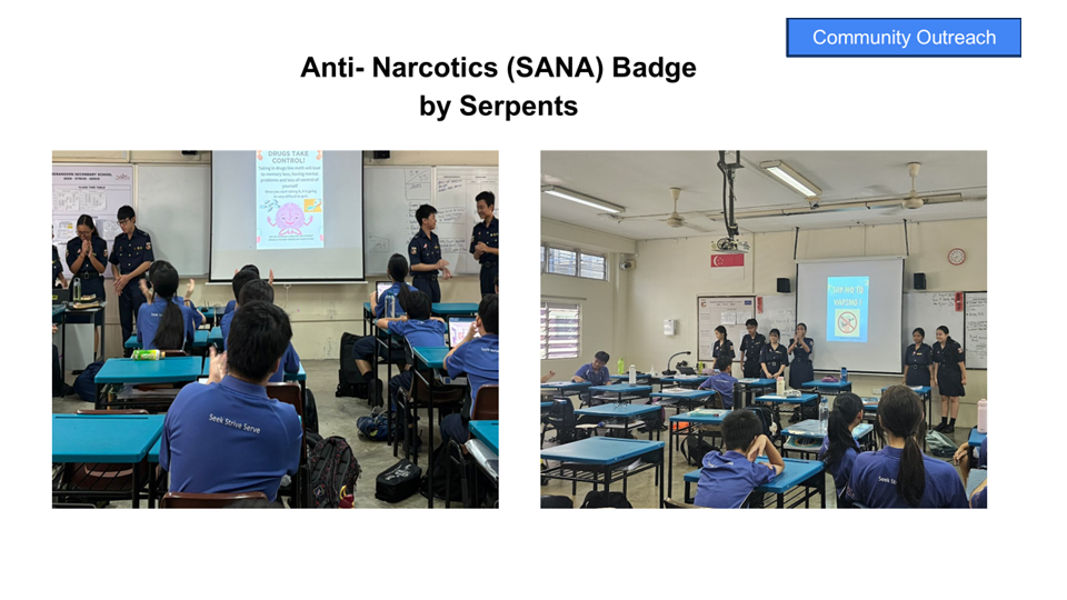 Students in blue uniforms attend an Anti-Narcotics SANA Badge classroom presentation with projected slides.