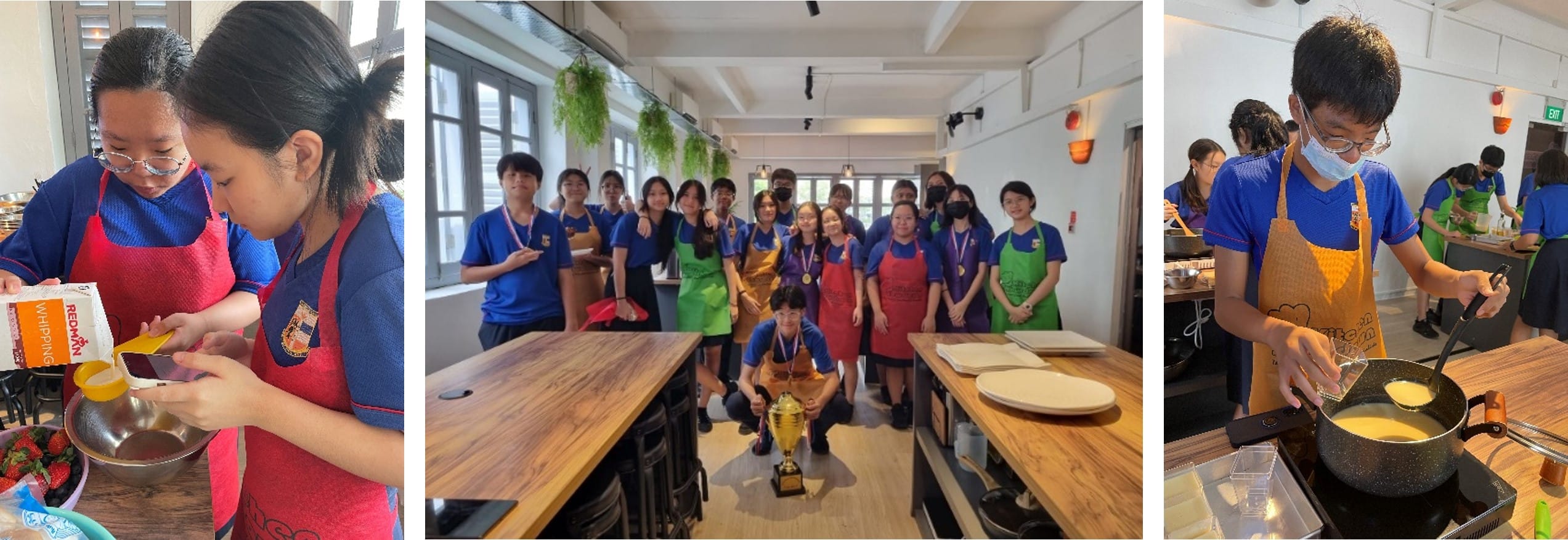 Students in colorful aprons cooking and posing with a trophy in a kitchen classroom.