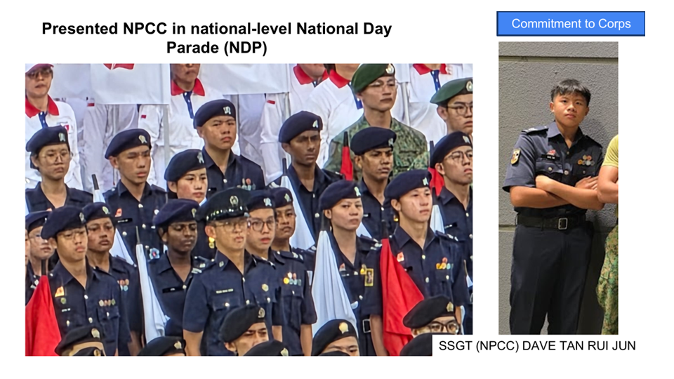 Slide showing NPCC cadets in uniform at Singapore's National Day Parade, with a cadet standing arms crossed.