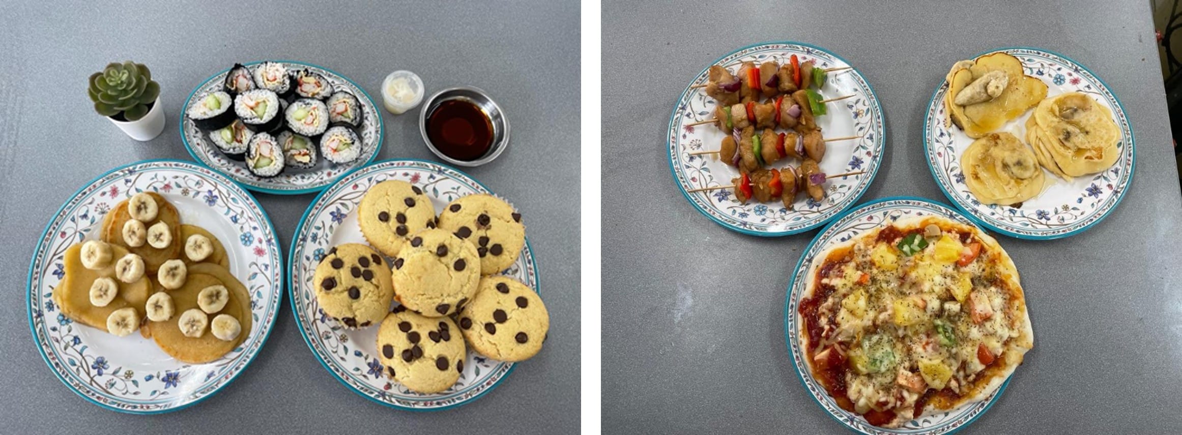 Six plates of food including sushi rolls, banana pancakes, chocolate chip cookies, kebab skewers, sliced fruit, and a small pizza.