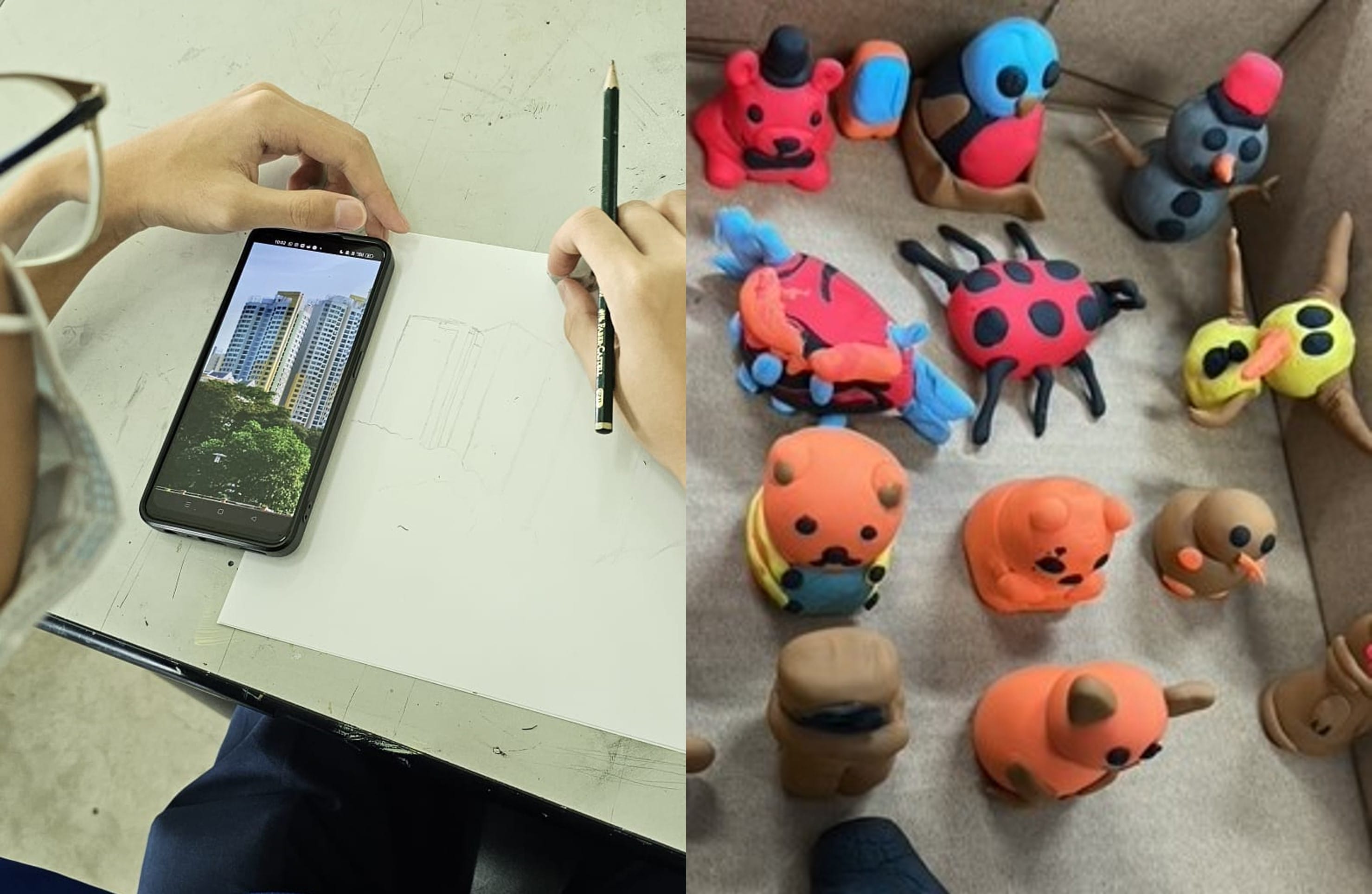 Left: hands sketching a building using a phone photo as reference. Right: colorful clay animal figurines on a surface.