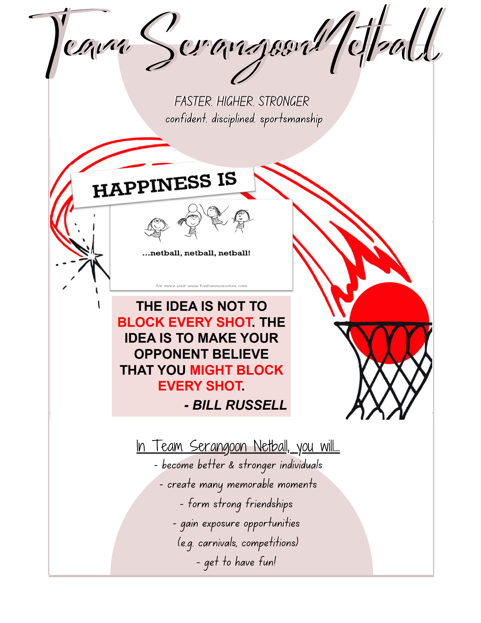 Promotional flyer for Team Serangoon Netball with quotes, a Bill Russell saying, and a netball hoop illustration.