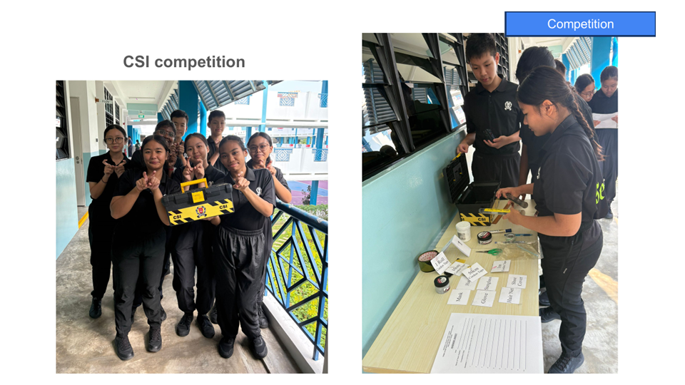 Students in black uniforms pose with a CSI kit, while others work at a table during a CSI competition.