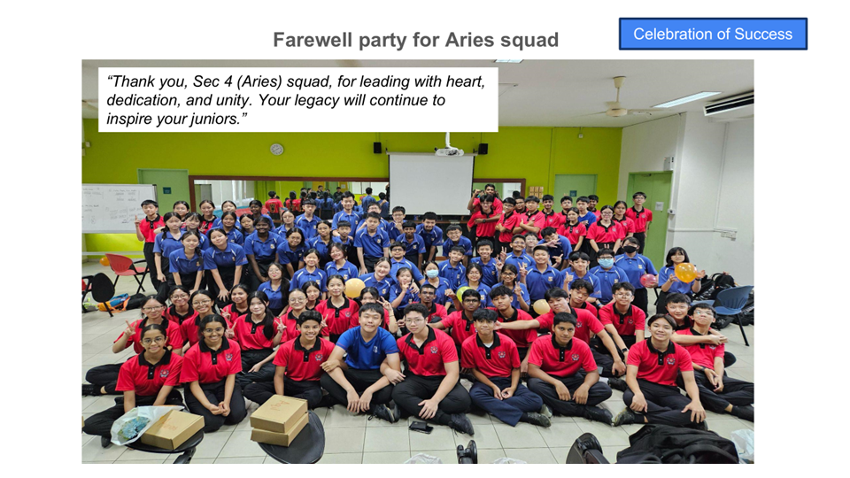 Large group of students in red and blue uniforms posing together indoors at a farewell party for Aries squad.