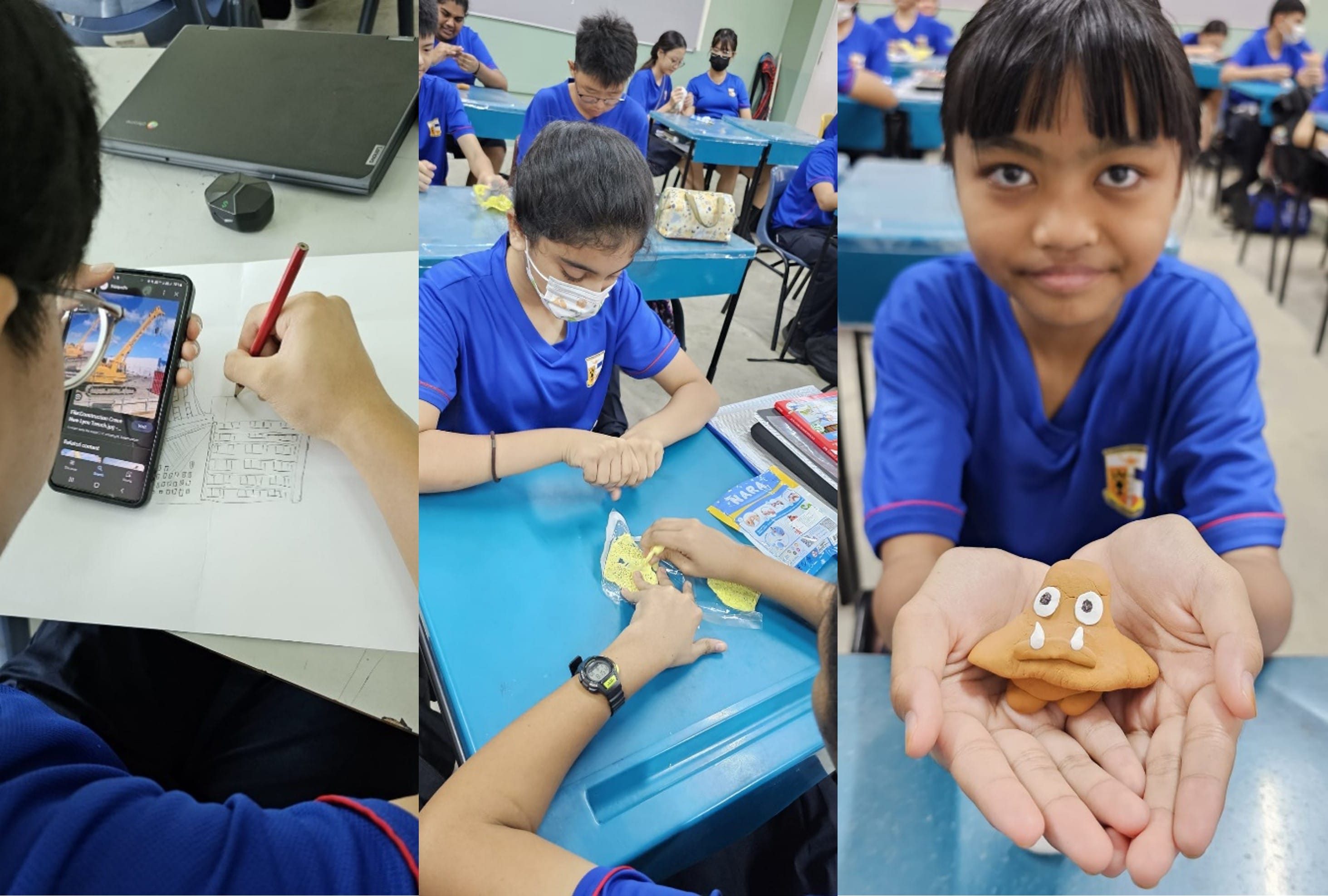 Three school scenes: student sketching, pupils molding clay, and a girl holding a brown crying face clay figure.