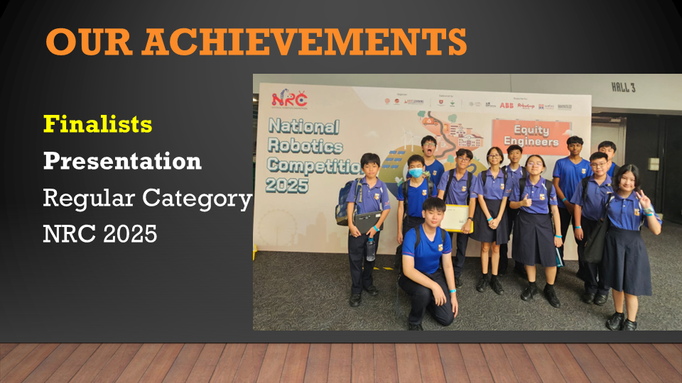 Students in blue uniforms pose before a National Robotics Competition 2025 banner, listed as Finalists in Regular Category.