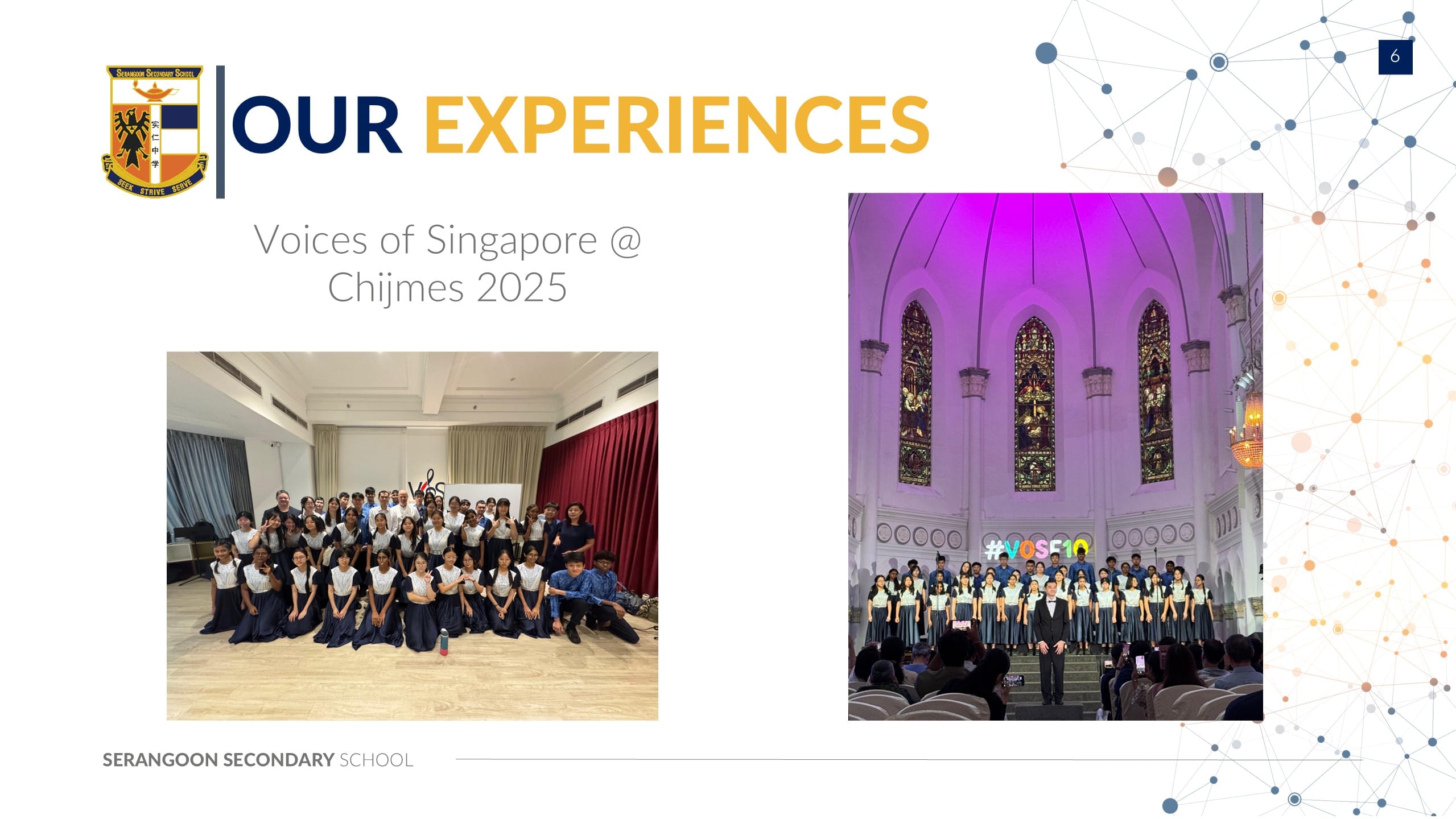 Serangoon Secondary School choir group photos at Voices of Singapore Chijmes 2025 event in a chapel venue.