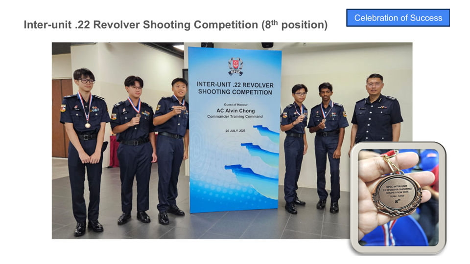 Six uniformed cadets and an officer pose with medals at the Inter-unit .22 Revolver Shooting Competition banner.