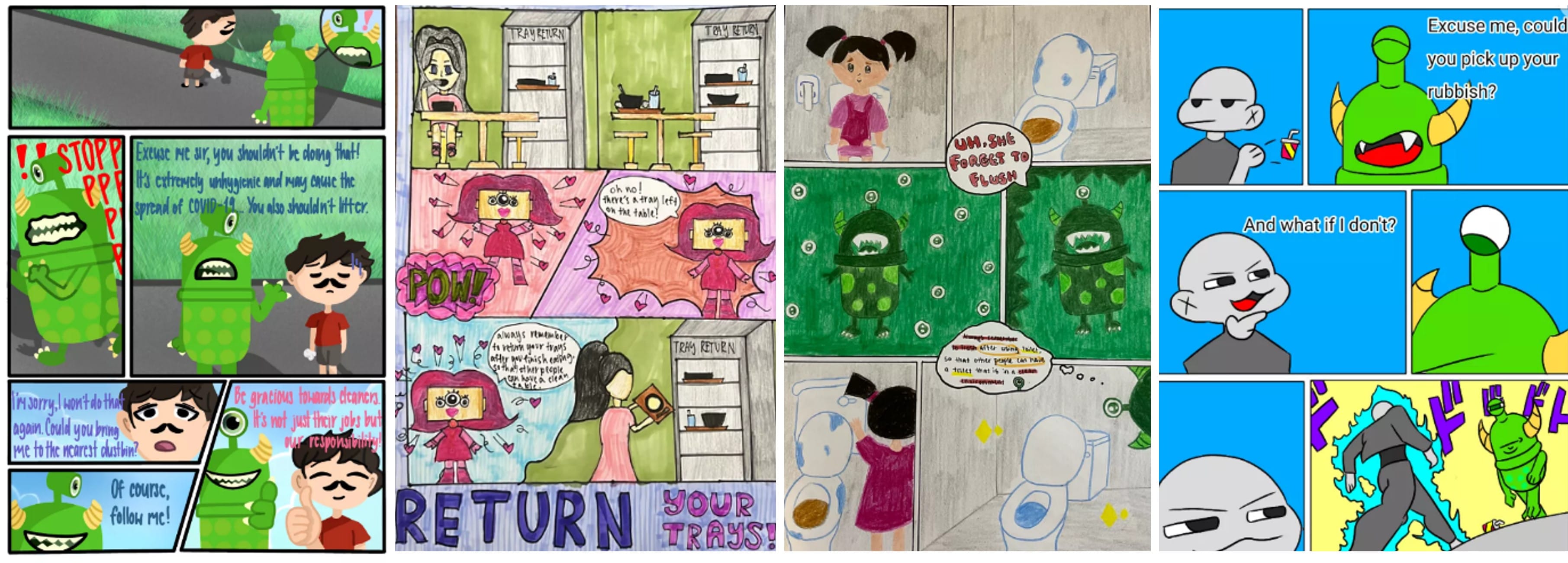 Four hand-drawn comic strips featuring green monster characters teaching hygiene, tray returning, and littering etiquette.
