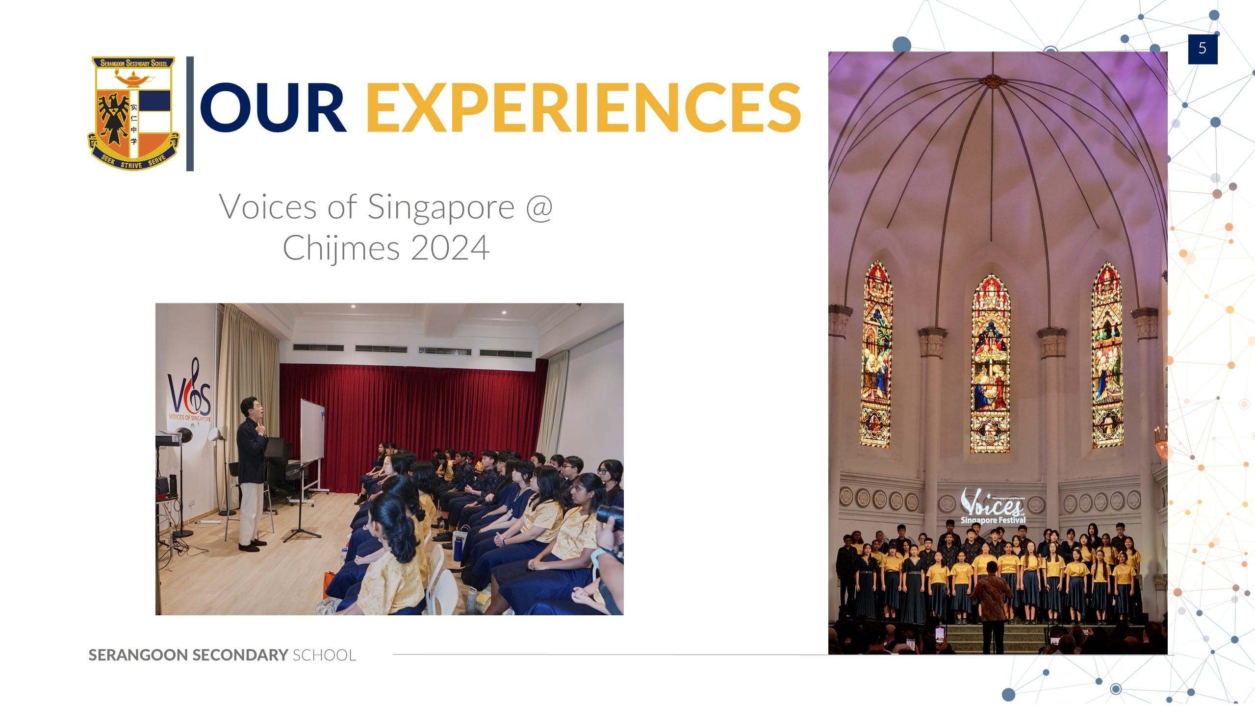 Serangoon Secondary School slide showing students at Voices of Singapore 2024 choir event at Chijmes chapel.