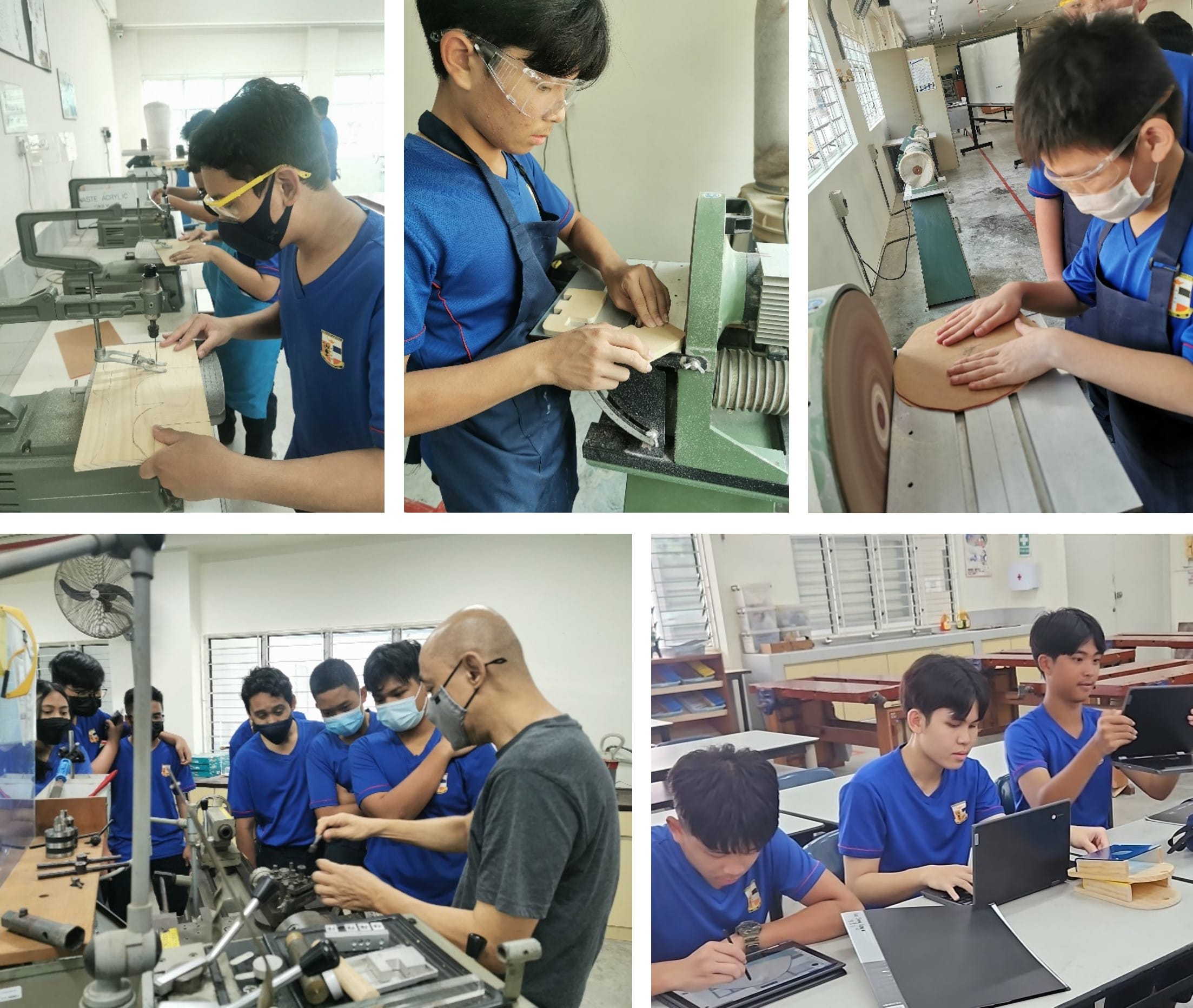 Students in blue uniforms use woodworking machines, work with a teacher on equipment, and collaborate on laptops in a workshop.