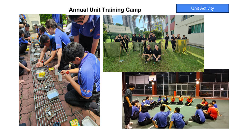 Three photos from an Annual Unit Training Camp showing students building, posing by tents, and sitting in a circle outdoors.