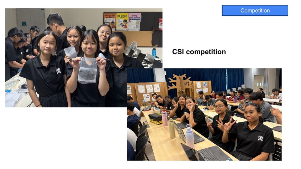 Students in black uniforms participate in a CSI competition, holding evidence bags and posing at desks.