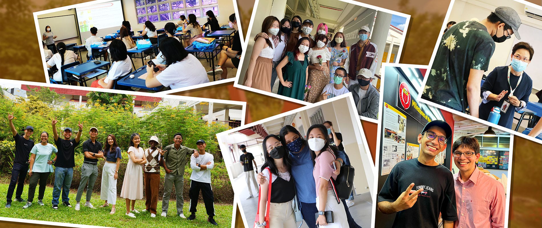 Collage of students in classrooms and outdoor campus areas, many wearing face masks, posing and smiling together.