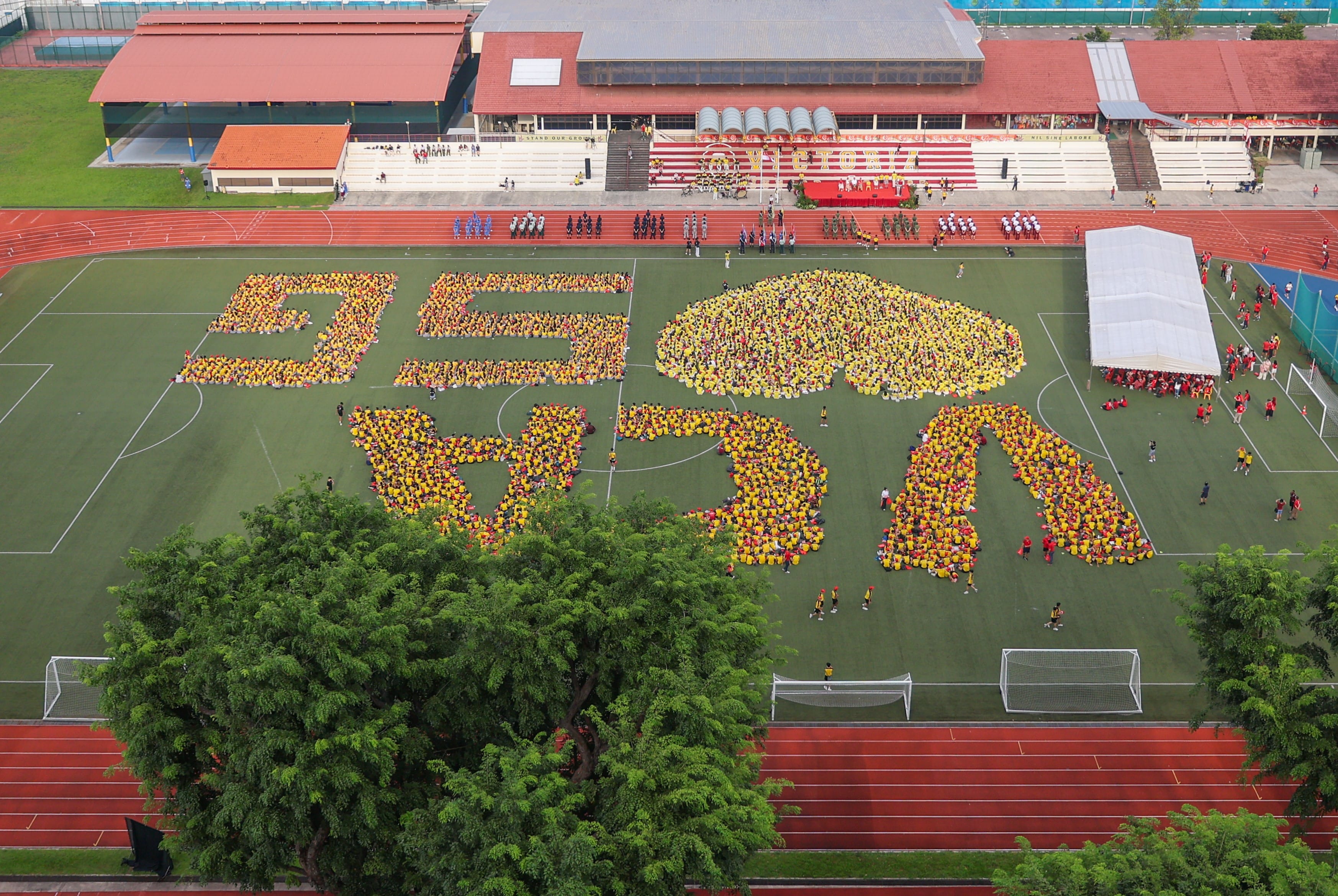 Hundreds of people in yellow and red shirts form the number 35 and a lion shape on a green sports field.