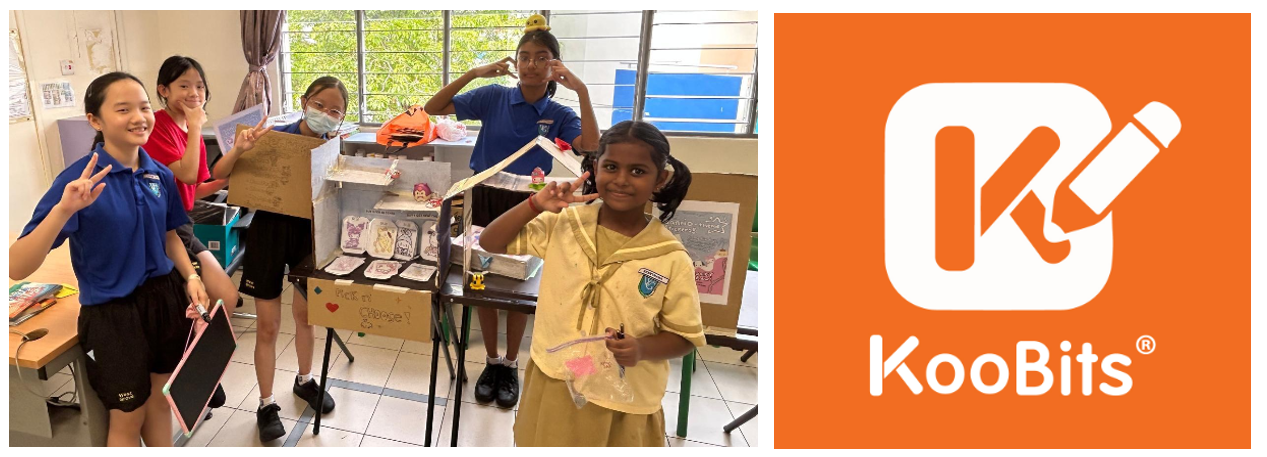 Five students pose near a classroom market stall display, beside the orange KooBits branded square icon.