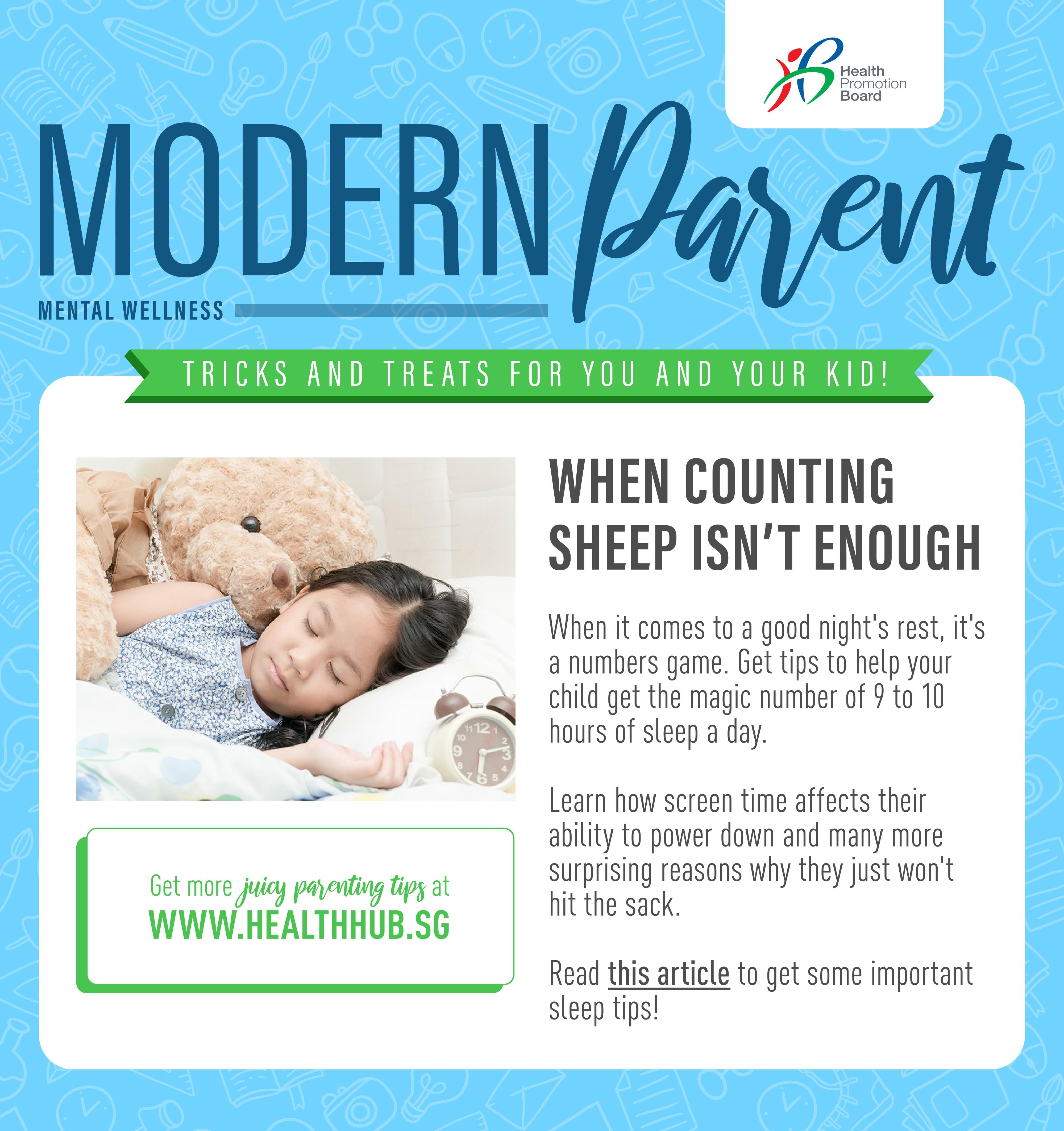 Health Promotion Board flyer titled Modern Parent with tips on children's sleep and a girl sleeping with a teddy bear.