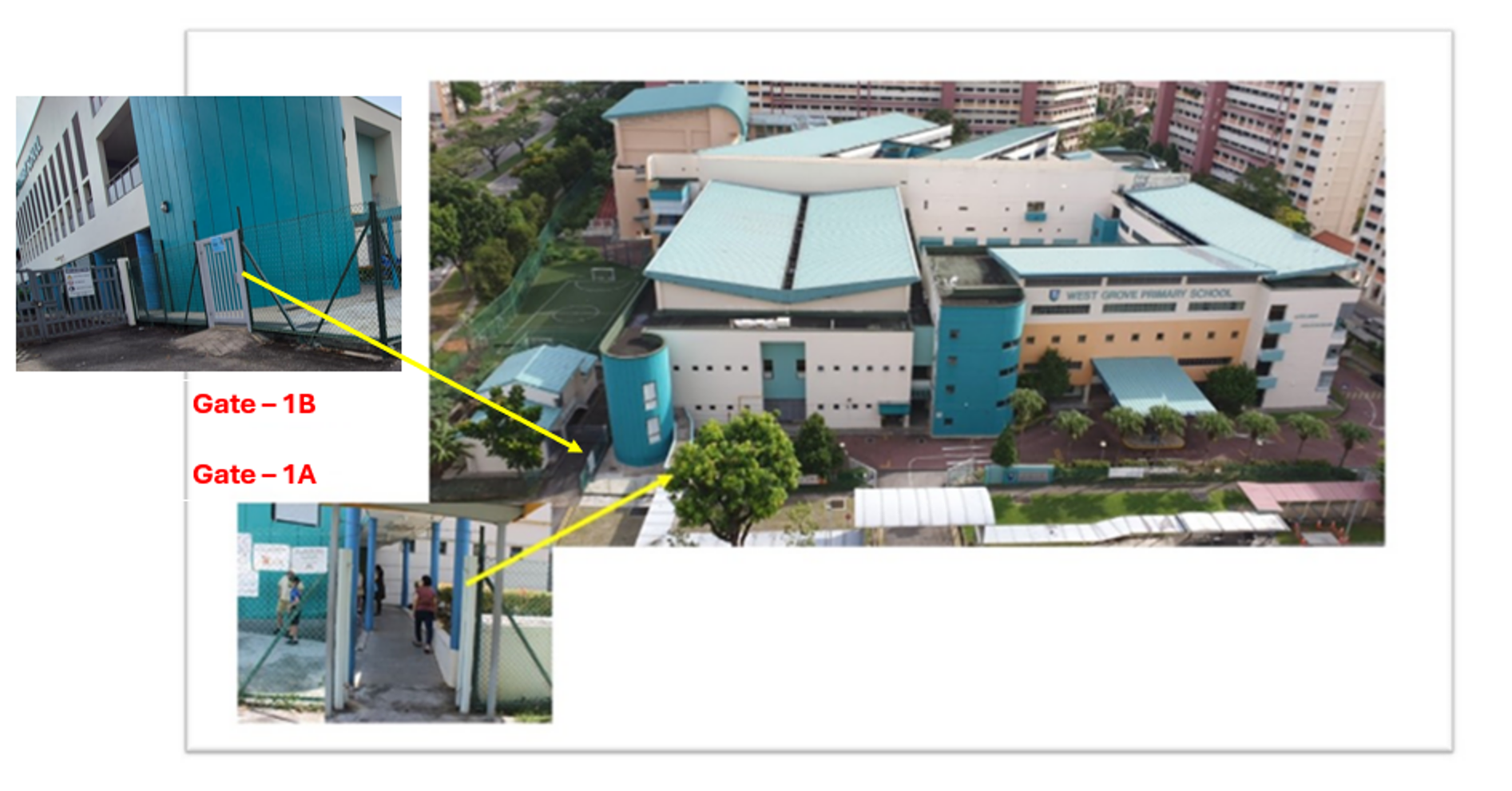 Aerial view of West Grove Primary School with yellow arrows marking Gate 1A and Gate 1B entrances.