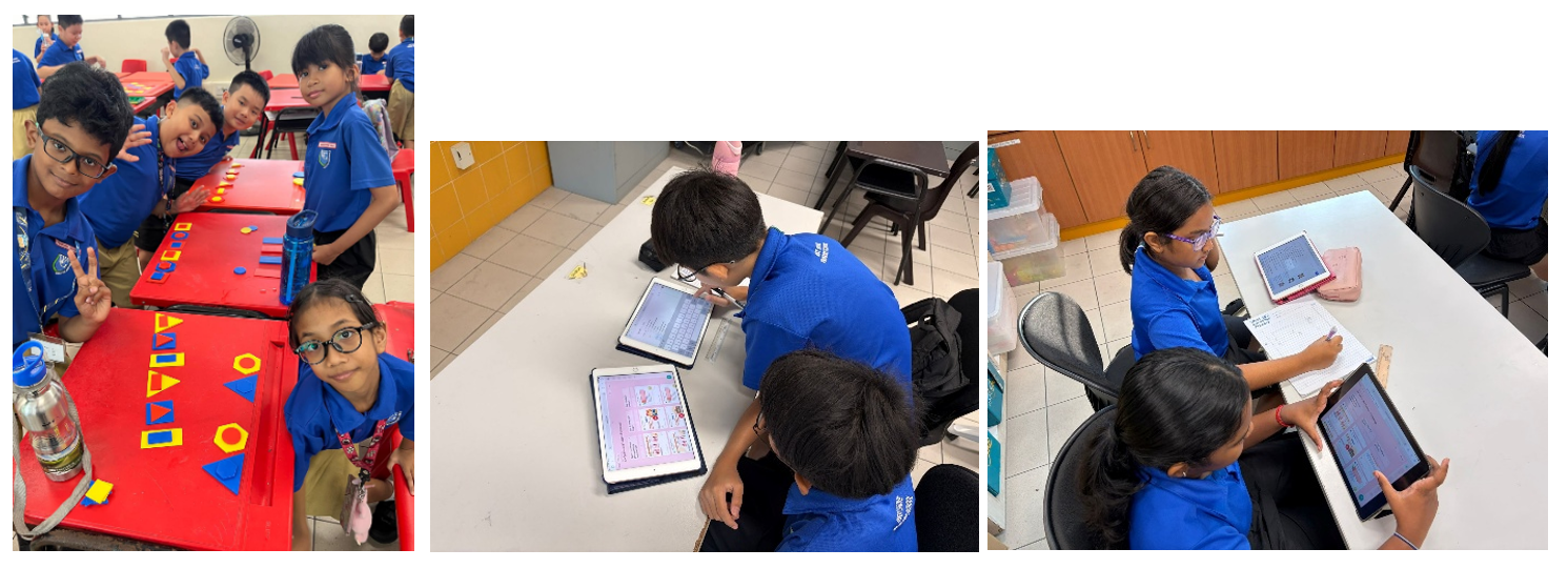 Children in blue uniforms learn using colorful shape tiles and tablets in a classroom setting.