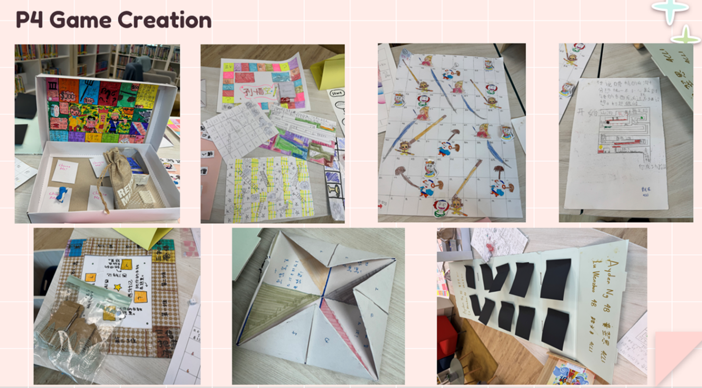 Seven student-made board games featuring hand-drawn boards, paper folding, and decorated boxes labeled P4 Game Creation.