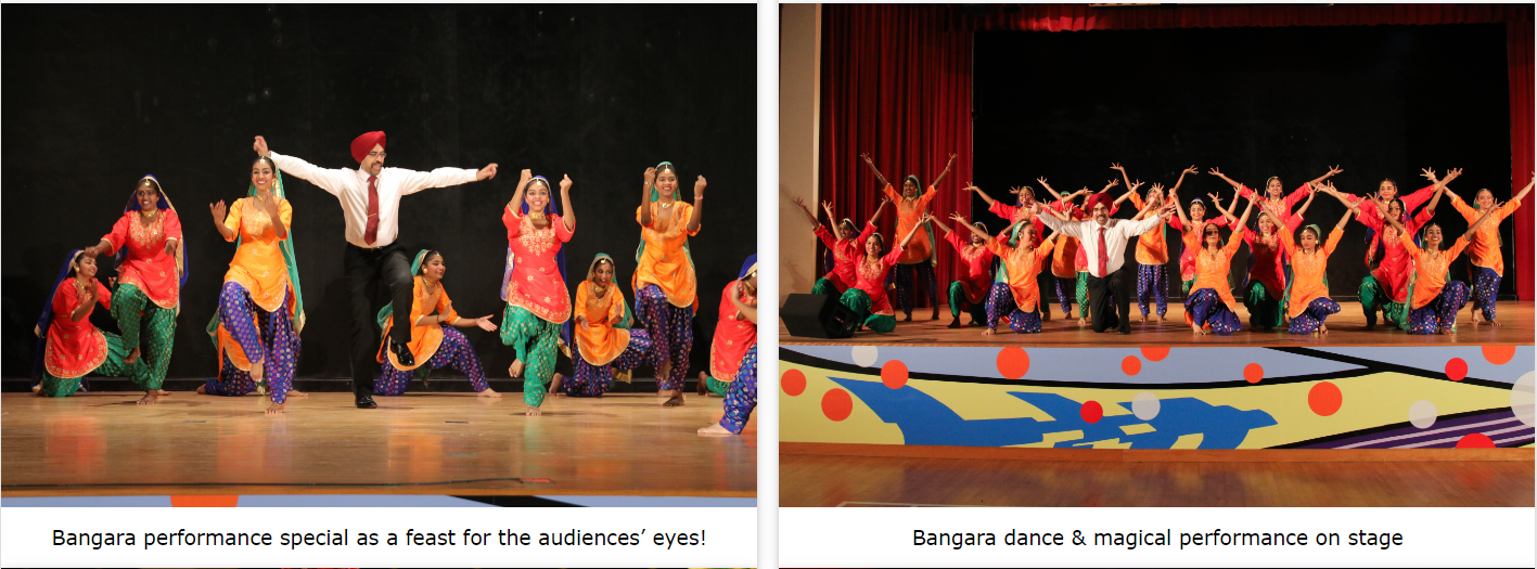 Two side-by-side photos of a large group performing Bhangra dance on stage in colorful traditional costumes.