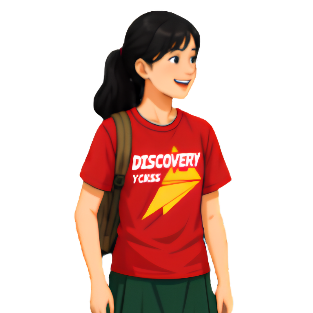 Digital illustration of a female student with a ponytail carrying a backpack, wearing a red t-shirt with the text "DISCOVERY" and a yellow paper airplane graphic against a plain white background.