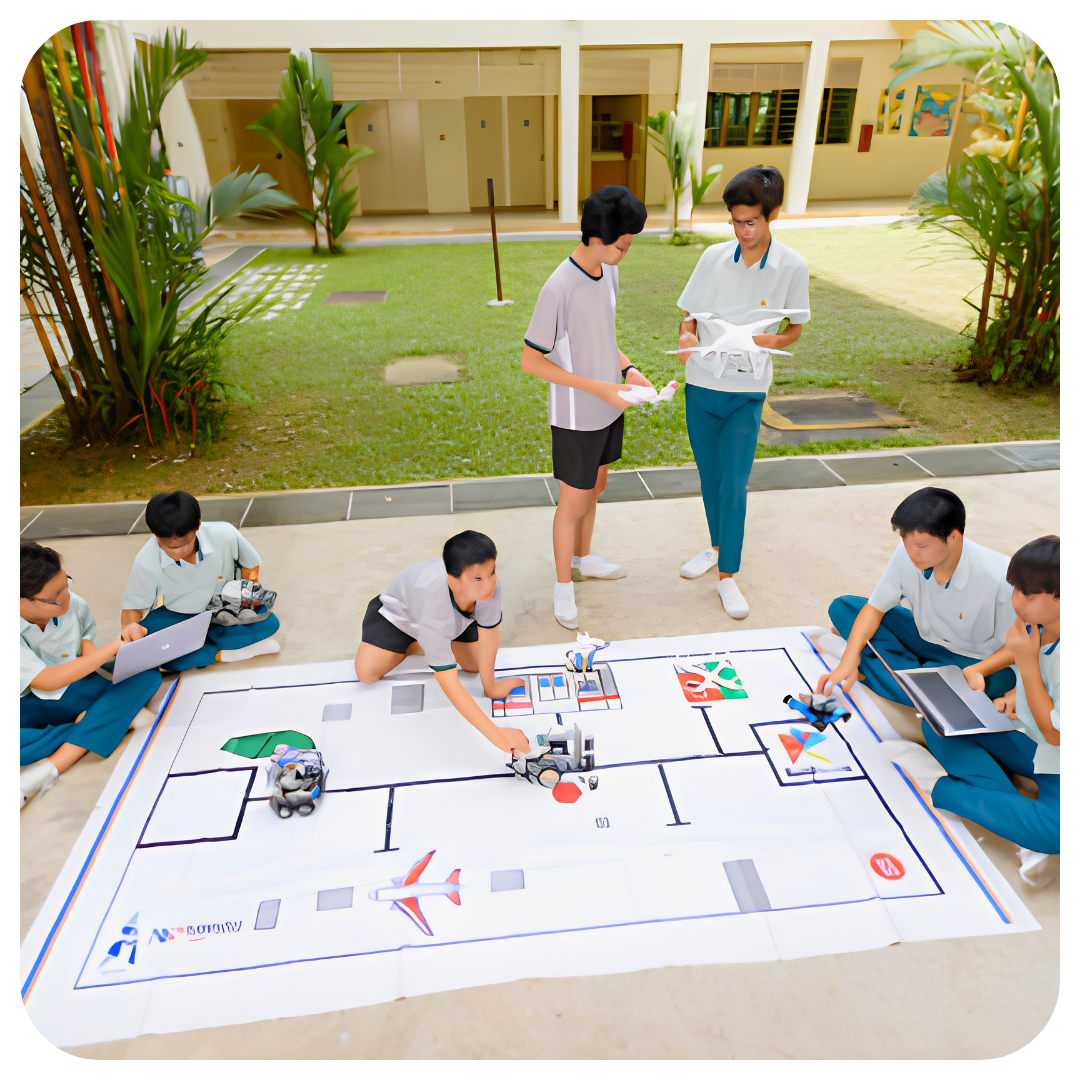 Students assembling various hightech devices on a sheet of paper.