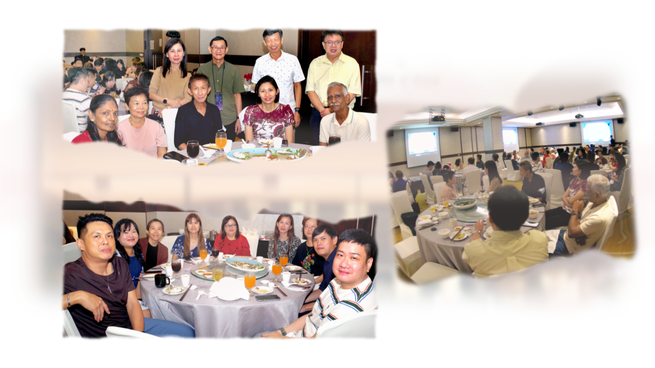 Three photos of groups of people seated at round tables during a banquet event in a large hall.