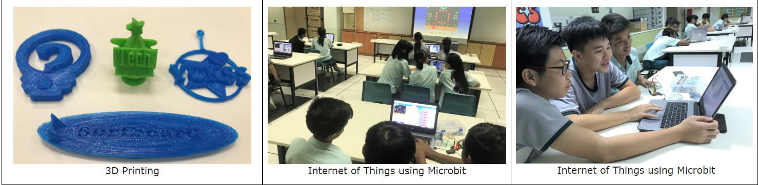 Three panels showing blue 3D-printed objects, students in a classroom on laptops, and two boys working on a laptop.