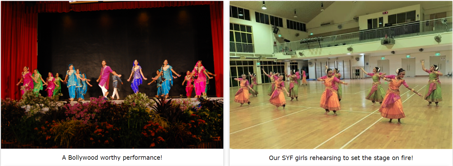 Two scenes: dancers in colorful Indian costumes performing on stage, and girls rehearsing Indian dance in a gym.