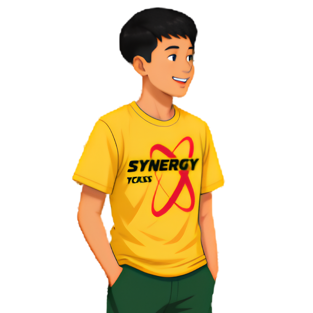 Digital illustration of a male student standing with hands in his pockets, wearing a yellow t-shirt with the text "SYNERGY" and a red stylized loop logo against a plain white background.