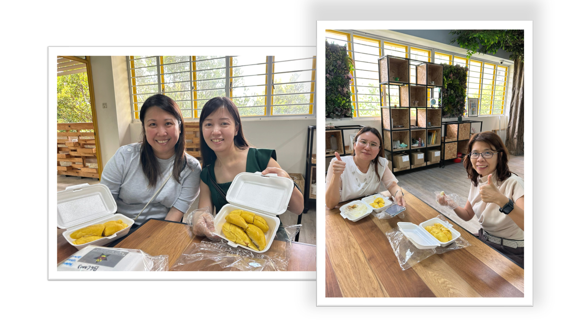 Four women sit at wooden tables smiling, each with open containers of yellow durian fruit in front of them.