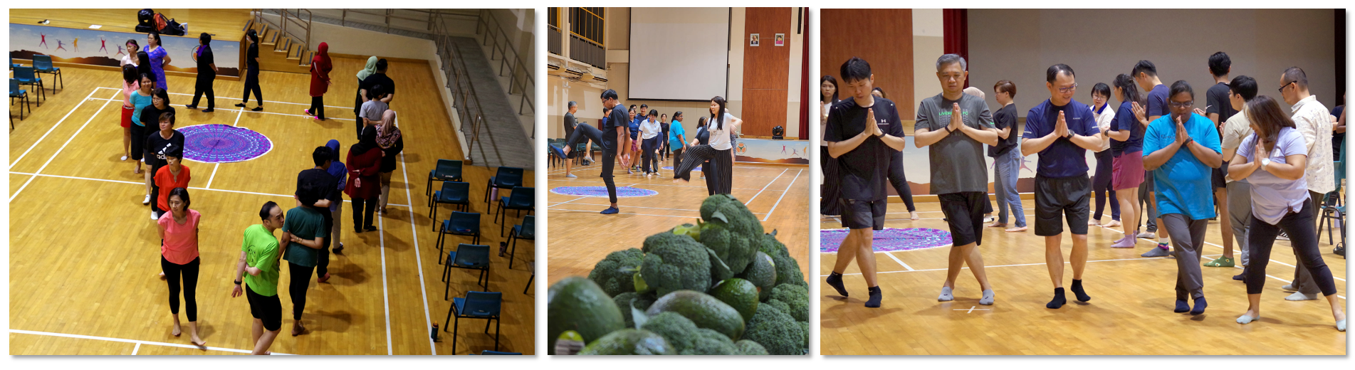 Three panels showing people exercising in a hall, broccoli in the foreground, and people doing prayer-hand poses.