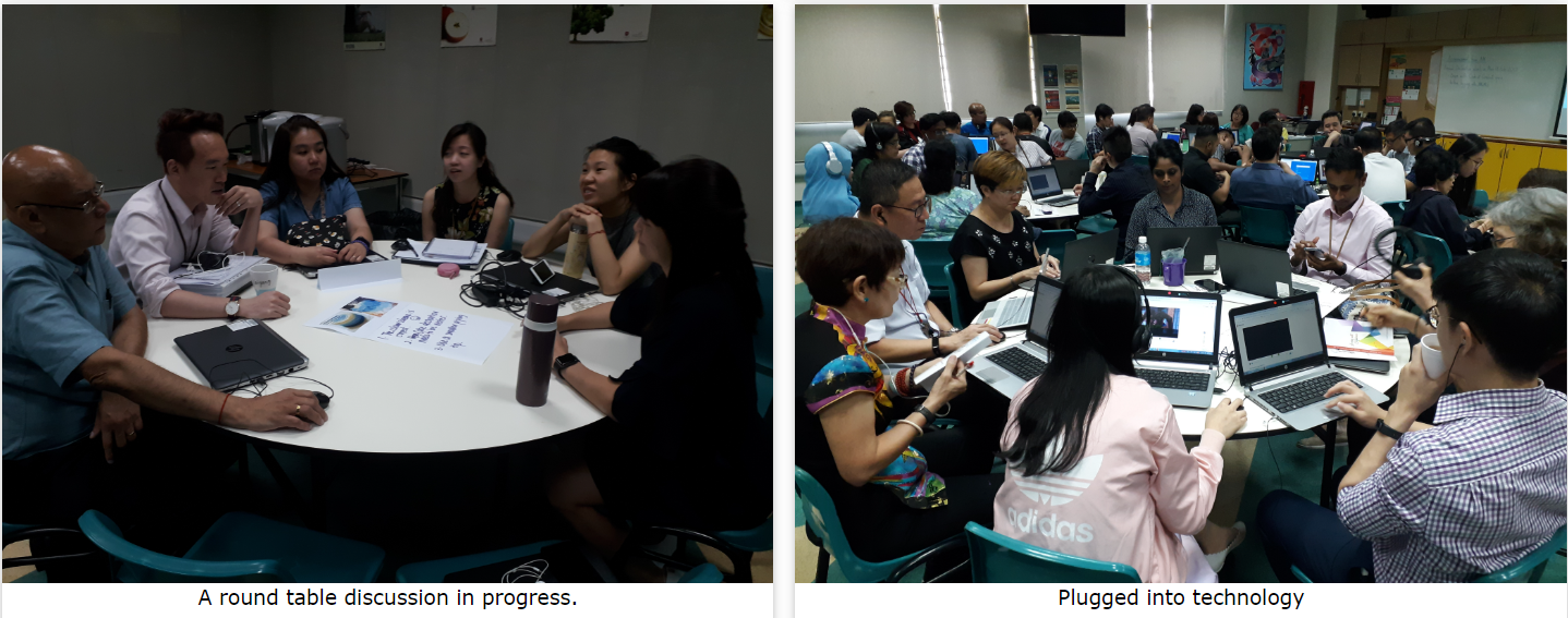 Two side-by-side photos show groups of people seated at round tables, one in discussion and one using laptops.