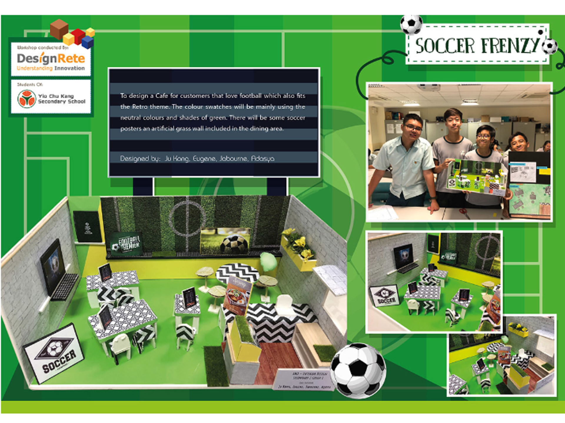 A presentation slide set against a green soccer pitch background with the YCKSS logo and "DesignRete" workshop header at top left. The slide is titled "SOCCER FRENZY" in the top right. A central black banner describes the concept: designing a retro-themed cafe for football fans using green and neutral tones, featuring artificial grass walls and soccer posters. Designed by students Ju Kang, Eugene, Jabourne, and Adasya, the slide displays photos of a 3D physical model of the cafe interior with miniature tables, chairs with black-and-white chevron patterns, soccer posters, and a green turf wall, alongside a photo of the student team presenting their model and concept board.