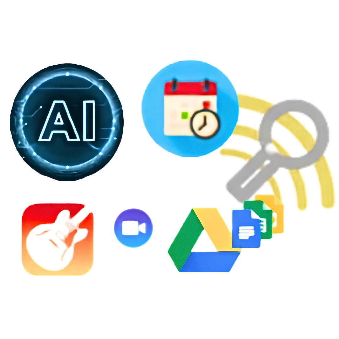 Artificial Intelligence (AI): A glowing blue circular badge with the letters "AI". Calendar & Scheduling: A blue circle featuring a red calendar with a clock overlay. Search & Information Curation: A grey magnifying glass emitting yellow signal waves. Apple Applications: The GarageBand app icon (orange square with an electric guitar) and a video calling icon (blue circle with a white camera). Google Workspace / Suite: The Google Drive logo paired with icons for Google Docs, Google Sheets, and Google Slides.